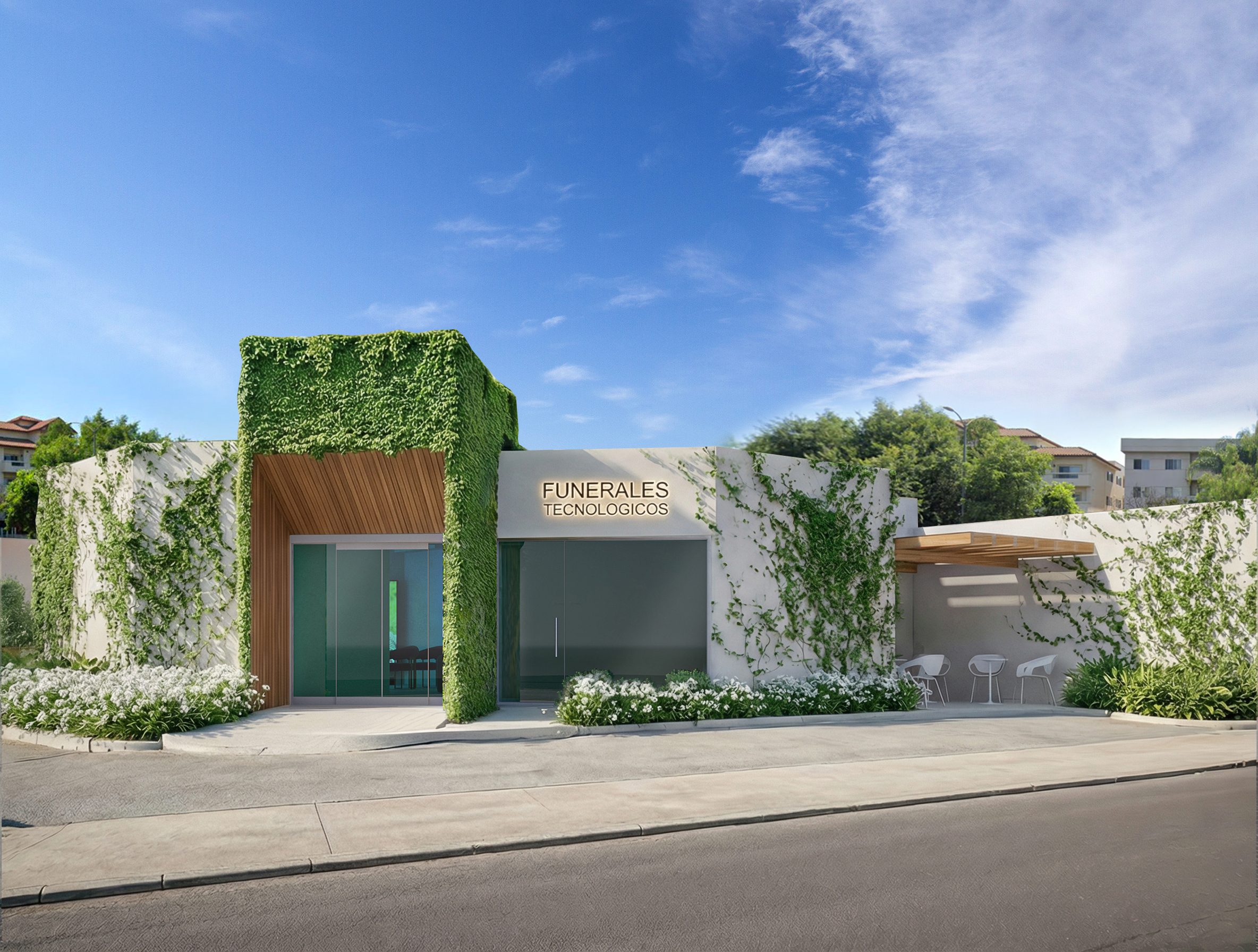 Render de fachada de Stela funerales tecnologicos